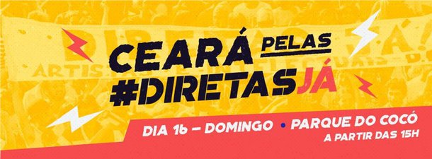 Fortaleza terá, no próximo domingo (16), um grande ato show em defesa das Diretas Já, em solidariedade ao ex-presidente Lula e contra as reformas de Temer. Organizado inicialmente por vários artistas locais, o ato conta com o apoio da Frente Brasil Popular e dos partidos de esquerda. O evento terá a apresentações de mais de 50 artistas cearenses, entre eles Eugênio Leandro, Humberto Pinho, Daniel Groove, Rodger Rogério, Nayra Costa, Mona Gadelha, Gigi Castro, as bandas GhettoRoots, Renegados e Água de Quartinha, entre dezenas de outros artistas. No Facebook, os organizadores convocam a população para aderir ao evento. "Traga seu grito, sua bandeira, sua presença e vamos juntos ampliar nossa voz, com cultura, arte, música e alegria por eleições diretas, contra as reformas e Fora Temer"!