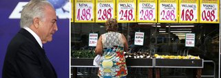 A recessão econômica agravada pela crise política do governo Michel Temer fez com a inflação oficial brasileira registrasse em junho a primeira deflação mensal em 11 anos, devido à queda nos preços de alimentação; Índice Nacional de Preços ao Consumidor Amplo (IPCA) caiu 0,23% no mês passado, primeira variação negativa desde junho de 2006 (-0,2%), segundo o IBGE; com o golpe parlamentar que alçou Temer ao poder, o Brasil viu o número de desempregados subir para quase 14 milhões de pessoas, além da estagnação do comércio e da indústria