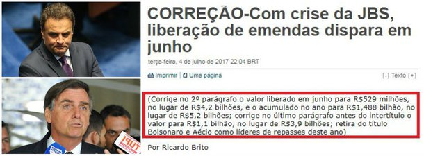 Reportagem da Reuters sobre distribuição de verbas de emendas pelo governo Temer é republicada numa versão corrigida, mas incluindo a orientação da edição: "retira do título Bolsonaro e Aécio como líderes de repasses deste ano"; o mesmo fato aconteceu em 2015, quando numa entrevista com FHC, a agência deixou a seguinte orientação de edição, em referência a propinas que eram recebidas na Petrobras desde o governo tucano: “Podemos tirar, se achar melhor”