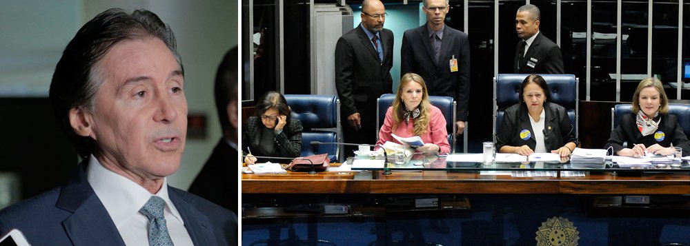 Presidente do Senado, Eunício Oliveira (PMDB-CE), foi ao plenário fazer um apelo para as senadoras permitirem a retomada da sessão de votação da reforma trabalhista do governo Temer, que retira direitos históricos dos trabalhadores, mas não houve acordo; ele então reabriu a sessão que havia sido suspensa no início da tarde, quando as senadoras ocuparam a mesa da presidência da Casa; elas resistem ao longo de toda a tarde e, para deixar a mesa, pedem que seja votada uma emenda que trata das gestantes trabalharem em locais insalubres; "Nem a ditadura militar ousou ocupar a mesa do Congresso Nacional. Isso não existe no regime democrático", disse Eunício; "Vocês já rasgaram a Constituição, agora querem tratorar os direitos dos trabalhadores", disse Gleisi Hoffmann (PT-PR)
