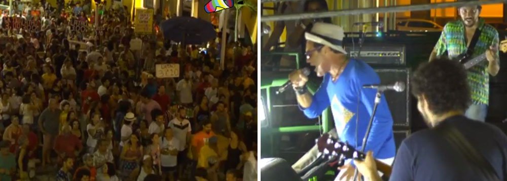 Música e política deram o tom da manifestação Recife Pelas Diretas Já , que ocorreu no Cais da Alfândega, no centro da capital pernambucana neste domingo (11); ato contou com a participação dos artistas Marco Polo, Fábio Trummer, Canibal, Beth de Oxum, Banda Rossi, Juliano Holanda, Roger de Renor, Mônica Feijó, Fred Zero Quatro e a Banda Rossi; "Estamos presentes no ato pelas diretas já!, É um movimento que vem crescendo e criando força pela saída do golpista da presidência. Precisamos resgatar nossa democracia, e garantir os nossos direitos conquistados à custa de muita luta e sangue dos que nos antecederam", afirmou Carlos Veras, presidente da CUT-PE