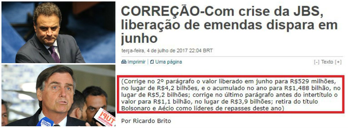 Reportagem da Reuters sobre distribuição de verbas de emendas pelo governo Temer é republicada numa versão corrigida, mas incluindo a orientação da edição: "retira do título Bolsonaro e Aécio como líderes de repasses deste ano"; o mesmo fato aconteceu em 2015, quando numa entrevista com FHC, a agência deixou a seguinte orientação de edição, em referência a propinas que eram recebidas na Petrobras desde o governo tucano: “Podemos tirar, se achar melhor”