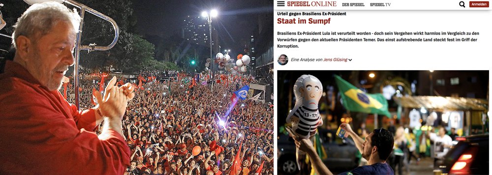 Um dos periódicos mais importantes da Europa, a Der Spiegel publicou uma longa análise sobre a condenação do ex-presidente Lula, intitulada "Julgamento contra o ex-presidente do Brasil: Estado no lodaçal"; o texto afirma que o juiz Sergio Moro "confirmou com sua sentença o que os críticos reprovam nele há muito tempo: o tratamento jurídico do maior escândalo de corrupção da história do Brasil segue critérios políticos, e não legais"; a acusação de Lula "ter recebido um apartamento" parece "uma ninharia em comparação com as acusações contra o atual presidente Michel Temer e seus aliados"; a Spiegel também acha estranho que não haja milhões de pessoas indo às ruas contra Michel Temer e faz uma dura crítica ao STF: "atua como uma barreira protetora para Temer e seus aliados no Congresso"