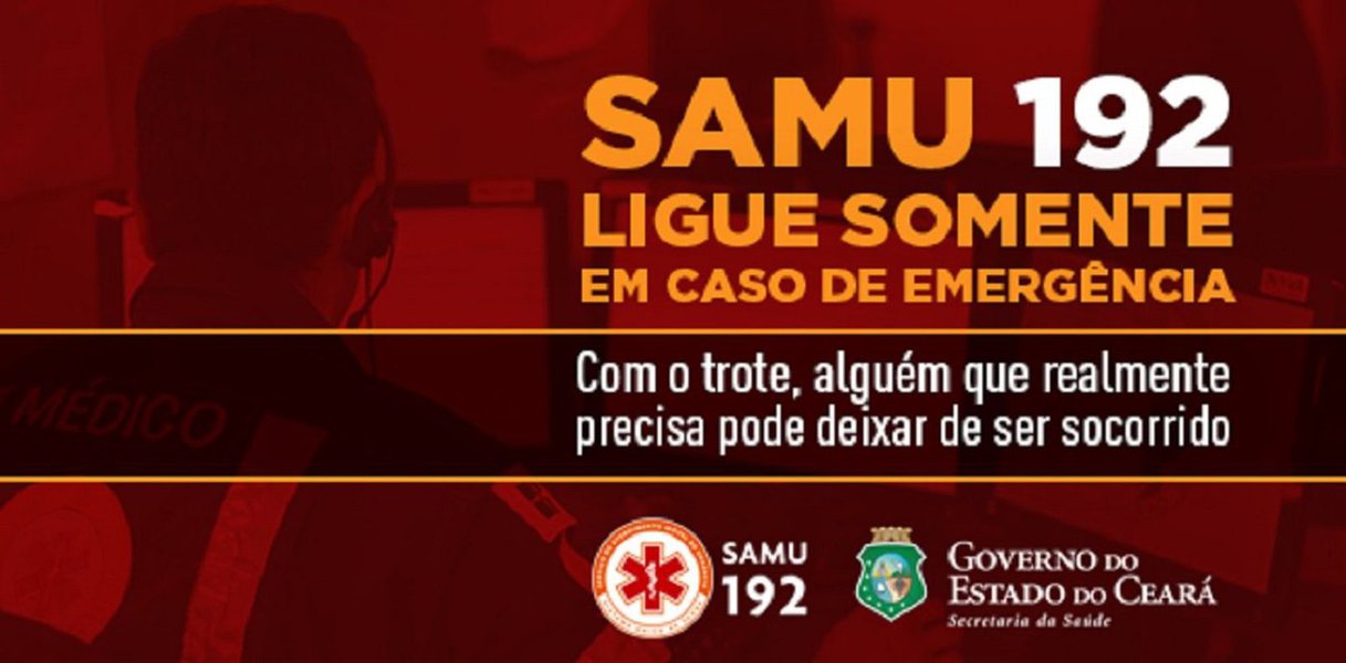 O número de trotes recebidos pelo Serviço de Atendimento Móvel de Urgência (SAMU 192 Ceará) já é maior que o de ligações para realização de socorro e regulação médica. Entre janeiro e maio deste ano, das 65 mil ligações para o SAMU 192 Ceará, excluídos pedidos de informação, 30.424 se tratavam de trotes, 46,8% do total