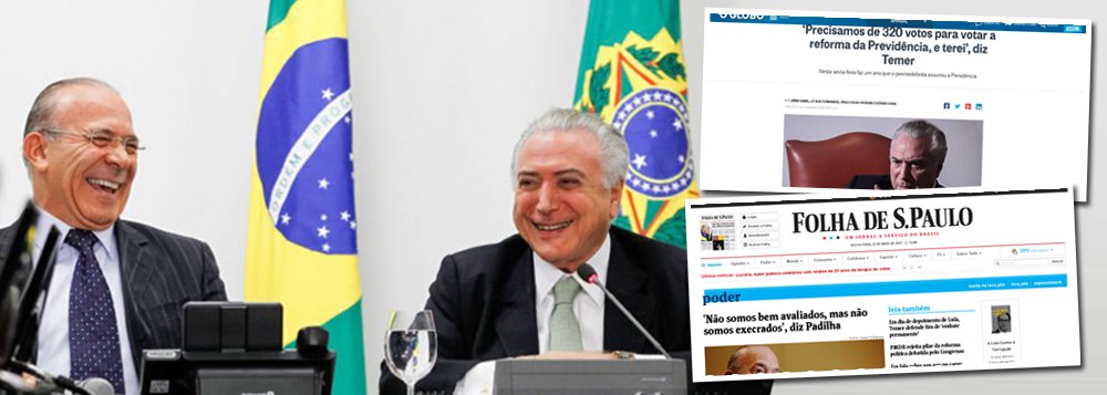 Depois que o Ministério Público Federal demonstrou não ter provas de que o triplex do Guarujá pertence a Lula, os principais veículos de imprensa do País se dedicam a forjar uma narrativa que ajude a acusação e o juiz Sérgio Moro a condenarem o ex-presidente; ao focar em Lula, a mídia fecha os olhos para os escândalos de corrupção que atingem em cheio Michel Temer e seus principais auxiliares; em entrevista de uma página com Eliseu Padilha, preposto de Michel Temer nas negociações de propina para o PMDB, a Folha fez apenas uma pergunta sobre as acusações de corrupção envolvendo o ministro; o Globo seguiu o mesmo roteiro nesta sexta-feira, 12, em entrevista com Temer; ao ignorar a corrupção do governo, mídia só reforça sua conivência com os atos de Michel Temer
