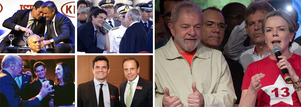 "Se usarmos a mesma conduta que Moro dispensou a Lula, podemos dizer que o juiz de Curitiba é amigo íntimo de grandes figuras golpistas da história recente do Brasil. Afinal, é de conhecimento público a foto em que ele aparece sorrindo e confraternizando ao lado de Michel Temer, Aécio Neves, Geraldo Alckmin e José Serra – todos, coincidentemente, investigados pela Lava Jato, mas vergonhosamente poupados de condenações. Nesse contexto, também podemos afirmar que Moro é um amigo íntimo do prefeito de São Paulo, João Dória, o garoto-propaganda das elites escalado para propagar o ódio contra Lula e o PT", diz a senadora Gleisi Hoffmann (PT-PR)