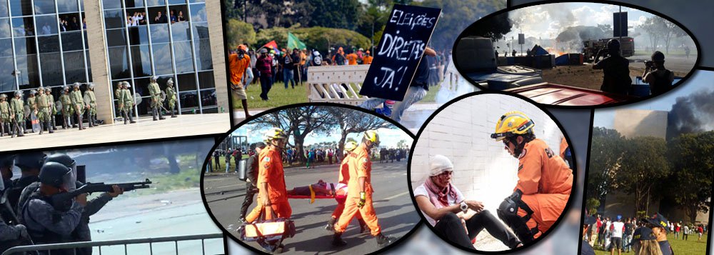 Tumulto no protesto contra as reformas do governo Temer, pela saída do peemedebista e por diretas já em Brasília; prédios dos ministérios da Fazenda e da Agricultura foram alvo de manifestantes com bombas, vidraças quebradas e frases pintadas nas paredes contra Temer; todos os ministérios foram evacuados, por segurança; protesto na Praça dos Três Poderes e na Esplanada dos Ministérios, que já dura três horas, sofre forte repressão do Choque, da Polícia Militar, que usou bombas de efeito moral e gás lacrimogêneo, além de spray de pimenta, contra os manifestantes, que fazem barricada; quatro pessoas foram detidas