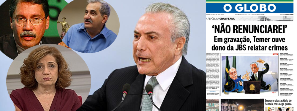 Família Marinho, que exerceu papel central na construção do golpe de 2016, não quer mais seu preposto Michel Temer na presidência da República; a mensagem está claríssima na edição desta sexta-feira do jornal O Globo; Merval Pereira, principal porta-voz dos Marinho, disse que Temer não sabe diferenciar o certo do errado e disse ainda que ele é um desqualificado na presidência; Ancelmo Gois comparou Temer a Richard Nixon, que disse que não renunciaria para cair apenas dois dias depois; Miriam Leitão se somou ao coro dos descontentes; Temer, que nunca teve legitimidade nem apoio popular, se sustentava em dois pilares: a Globo e a base corrupta do Congresso; sem a mídia e sem condições de aprovar quaisquer reformas, ele está nos seus estertores