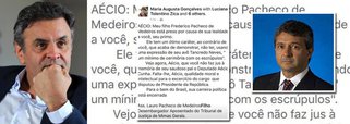 Um texto atribuído ao desembargador aposentado Lauro Pacheco de Medeiros Filho, pai de Fred, primo de Aécio Neves preso por receber malas de dinheiro da JBS, causa frisson na alta sociedade mineira; nela, Lauro estaria passando um sabão em Aécio pela falta de caráter; "Meu filho Frederico Pacheco de Medeiros Filho está preso por causa de sua lealdade a você, seu primo", aponta a mensagem; "Para o bem do Brasil, sua carreira política está encerrada"
