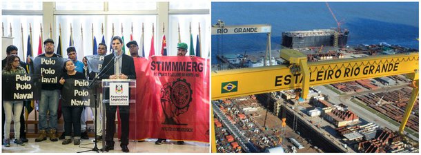 A Assembleia Legislativa lançou a Frente Parlamentar em Defesa do Polo Naval de Rio Grande, que tem o objetivo de sensibilizar os governos estadual e federal e frear o desmonte da indústria naval na metade sul do estado; proposta pelo deputado Nelsinho Metalúrgico (PT), que será seu presidente, a frente teve o lançamento marcado por um verdadeiro “pedido de socorro” em razão do interrompimento das atividades nos estaleiros locais e consequente demissão de milhares de pessoas com a crise na Petrobras; ó em 2016, quatro mil trabalhadores foram demitidos com a transferência da construção da plataforma P-58 para o Espírito Santo
