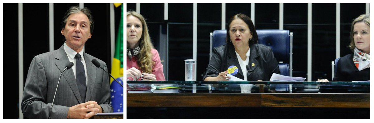 O presidente do Senado, Eunício Oliveira (PMDB), suspendeu a sessão aberta para discutir a reforma trabalhista após senadoras da oposição ocuparem a mesa do plenário, onde fica a cadeira do senador, e se recusarem a deixar o local; as senadoras oposicionistas que ocuparam os lugares na mesa são: Gleisi Hoffmann (PT-PR), Lídice da Mata (PSB-BA), Vanessa Grazziotin (PCdoB-AM), Fátima Bezerra (PT-RN) e Regina Sousa (PT-PI); as luzes da Casa foram desligadas e a transmissão também foi suspensa; oposição acusa Eunício de impedir o debate; Eunício Oliveira convocou uma reunião no gabinete da Presidência com diversos senadores e líderes para tratar da retomada da sessão
 

¶