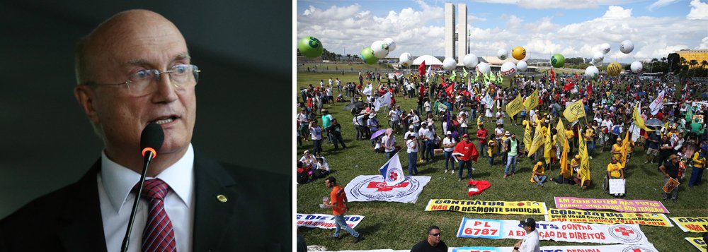 "Não há nem direito o que avaliar. Há uma tranquilidade no país", disse Osmar Serraglio, ministro da Justiça; "Houve o chamado para uma 'greve geral', que é uma coisa para impressionar, mas foi um movimento pífio. Está tudo funcionando, os serviços, a indústria"; na realidade, bancos, escolas, indústrias e transportes pararam em todo o País; Serraglio foi flagrado nos grampos da Operação Carne Fraca referindo-se ao líder da máfia dos fiscais agropecuários como "grande chefe"