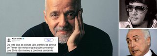 "Do jeito que as coisas vão, peritos da defesa de Temer vão mostrar gravações provando que Elvis não morreu e continua cantando", postou o escritor Paulo Coelho, a respeito da defesa apresentada por Michel Temer na denúncia em que é acusado de corrupção passiva