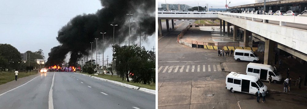 A greve geral deixa Brasília sem transporte de ônibus e de metrô; os acessos para o Aeroporto Internacional Juscelino Kubitschek estão interditados pela Polícia Militar por medida de precaução, pois manifestantes bloquearam as vias e puseram fogo em barreiras de pneus