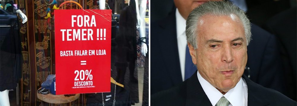 No país em que 78% das pessoas defendem a cassação de Michel Temer e 90% querem eleições diretas, um lojista do Rio de Janeiro encontrou uma solução cívica para aumentar as vendas e estar em sintonia com o amplo desejo dos brasileiros; segundo registro da coluna de Ancelmo Gois, do Globo, a loja de roupas Dimpus, situada no bairro de Ipanema, Zona Sul do Rio, colocou na vitrine um cartaz que diz que quem entrar e disser "Fora, Temer" ganha... 20% de desconto