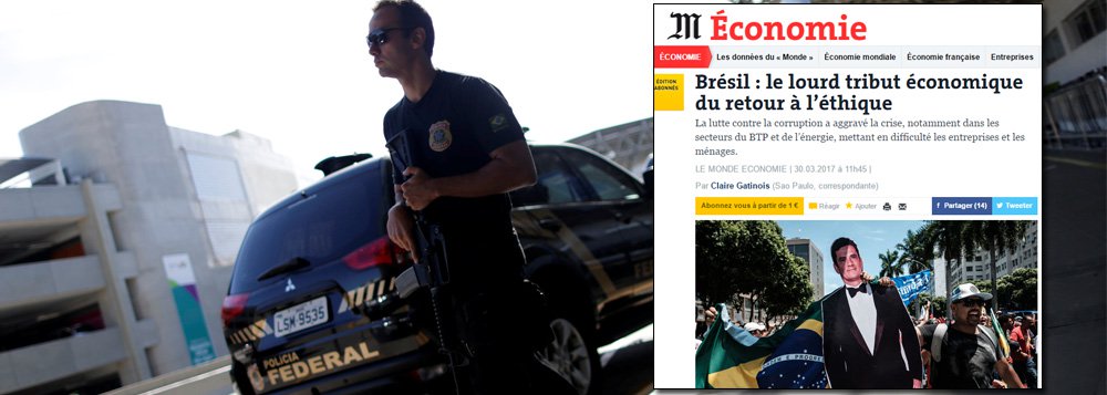 Edição desta quinta-feira (30) do jornal francês Le Monde traz reportagem sobre como a operação Lava Jato pode ter agravado a crise econômica do Brasil, com o título "A volta da ética fragilizou a economia"; "Desde 2015, a Petrobras vendeu ativos por 12,6 bilhões de euros e demitiu 13.655 empregados por meio de um plano de demissão voluntária. Na Odebrecht, os investimentos recuaram R$ 12 bilhões desde 2014, e o tamanho da empresa foi reduzido à metade. O diretor do grupo, Marcelo Odebrecht, se encontra na prisão", diz o texto; "Para uma parte da população, a operação é, em grande parte, responsável pela grave crise econômica do país", escreve a correspondente Claire Gatinois
