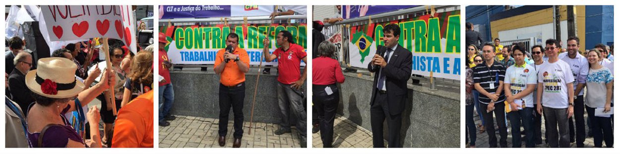 Juristas, advogados, servidores e centrais sindicais ocuparam a frente do Fórum Trabalhista Autran Nunes, na manhã desta quinta-feira (6), para protestar contra as reformas trabalhista e previdenciária e contra a terceirização de mão de obra, aprovada pelo governo Temer. Os manifestantes denunciaram o ataque aos direitos trabalhistas com discursos, faixas, cartazes e apresentações artísticas