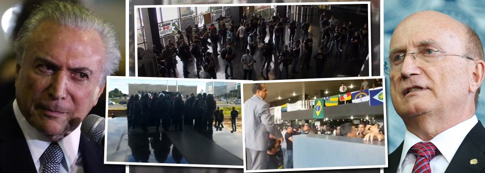 Mais um revés para Michel Temer; depois das pesquisas que apontaram que 85% dos brasileiros querem sua saída e a convocação de eleições diretas, o Ministério da Justiça, comandado por Osmar Serraglio, acaba de ser ocupado por agentes penitenciários de todo o País; ocupação do prédio em Brasília é em defesa da PEC 308, que legitima, constitucionalmente, todo o trabalho do agente de custódia e todos os agentes que desempenham atividade penitenciária, e contra o fim da aposentadoria; grupo quebrou vidraças, levou comida e colchão e anunciou que pretende acampar no local