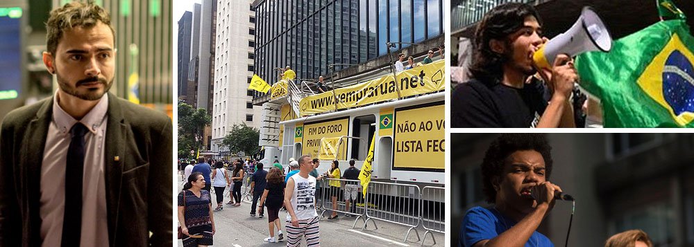 Jornalista George Marques, do The Intercept, critica o Movimento Brasil Livre, liderado por Kim Kataguiri e Fernando Holiday, vereador do DEM na capital paulista; "Ontem vendiam-se como apolíticos. Hoje atuam como braço-armado na defesa do governo Temer e de suas pautas 'reformistas'", diz Marques; "Esse grupelho está hoje nas ruas supostamente marchando contra a corrupção, mas também em evento de pré-campanha eleitoral. Aqueles jovenzinhos que se diziam apolíticos? Sei..."