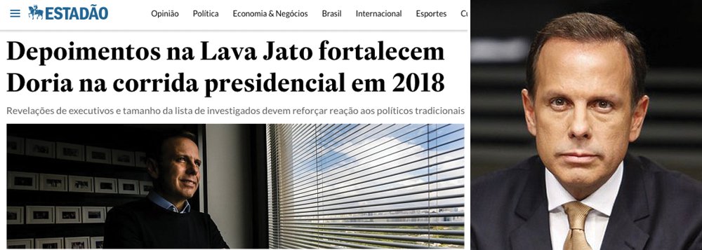 Tradicional apoiadora do PSDB, a família Mesquita, proprietária do jornal Estado de S.Paulo, pôs fim a quaisquer dúvidas sobre sua preferência para a campanha presidencial de 2018; a manchete deste domingo é categórica ao apontar o prefeito de São Paulo, João Doria, como única opção viável para a corrida ao Planalto, diante do cenário de terra-arrasada provocado pelas delações da Odebrecht