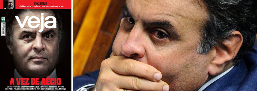 "As acusações publicadas na revista Veja são falsas e absurdas", diz o senador Aécio Neves (PSDB-MG), sobre a reportagem de capa, em que ele é acusado de receber propina da Odebrecht em Nova York; "O senador Aécio Neves defende a quebra do sigilo das delações homologadas como condição fundamental para que a população tenha acesso à integra dos depoimentos prestados e para que as pessoas injustamente citadas possam exercer seu direito de defesa, não se tornando reféns de vazamentos parciais que relatam versões e partes selecionadas por aqueles que, tendo acesso à totalidade das delações, escolhem trechos que querem ver divulgados"