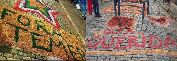 Na procissão da ressurreição de Cristo de Ouro Preto, cidade da região Central de Minas Gerais, além dos tradicionais símbolos da Igreja Católica, os tapetes de serragem tinham a frase "Fora Temer" e "Volta Querida", numa referência à presidente deposta Dilma Rousseff; em uma parte da procissão, era possível ver a frase "Fora Temer" escrita próximo a um sol desenhado na rua de pedra em uma das ladeiras