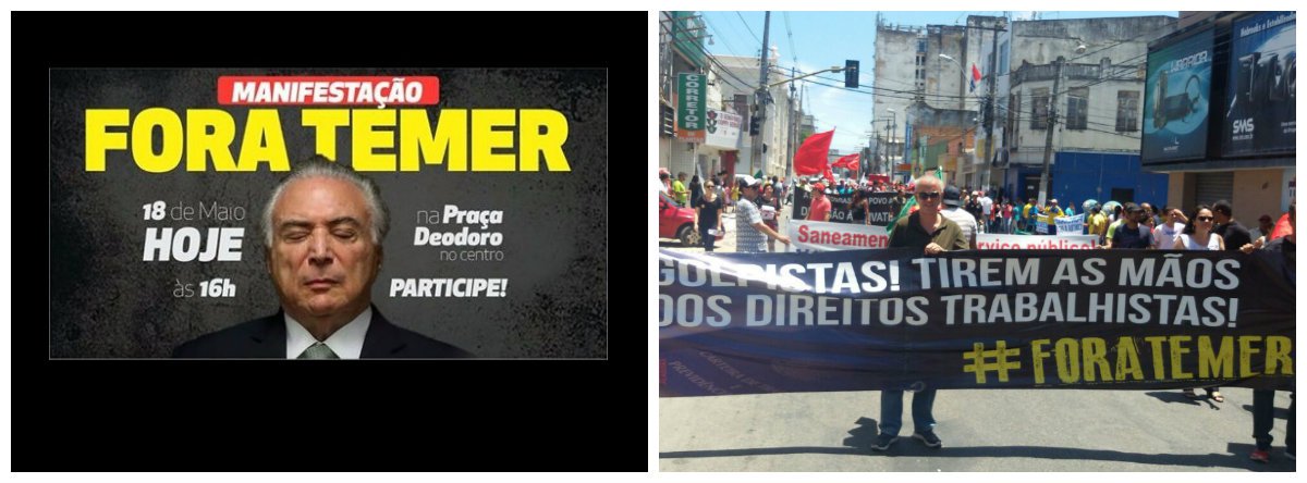 Membros de diversos partidos e de movimentos sociais vão se reunir, em Maceió, para protestar contra o governo Michel Temer; pauta reivindicatória é a saída do presidente da República, alvo de delações de empresários da empresa JBS; Temer foi gravado dando aval para comprar o silêncio do deputado cassado e ex-presidente da Câmara dos Deputados, Eduardo Cunha (PMDB-RJ); e no dia 24 haverá uma marcha a Brasília para ocupar o Congresso Nacional