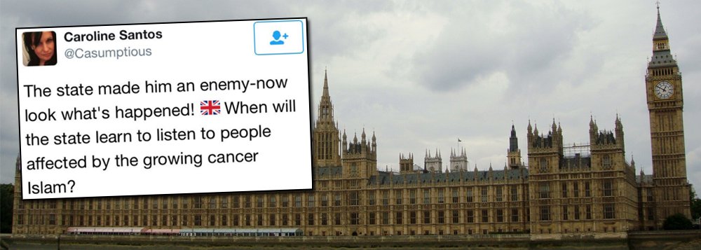 Candidata a ser membro do parlamento inglês pelo UKIP (partido da independência do Reino Unido), Caroline Santos, fez uma declaraçāo chocante nesta quinta-feira 4, de acordo com o jornal inglês The Independent; "O Islã é um tumor canceroso", afirmou Caroline que, posteriormente, teve de se explicar