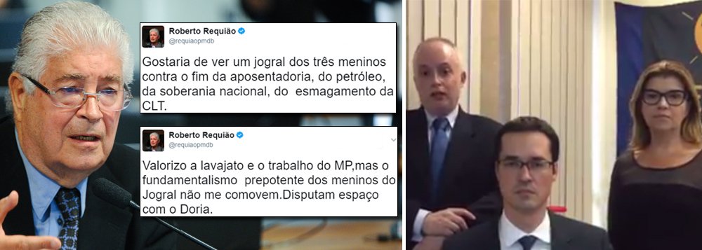 Relator do projeto contra o abuso de autoridade, que tramita no Congresso, senador Roberto Requião (PMDB-PR) rebateu nas redes sociais o vídeo publicado por três procuradores nesta terça-feira 18, entre eles Deltan Dallagnol, com um discurso duro contra a aprovação da proposta; "Os três procuradores que na internet protestam contra relatorio do 'abuso' não se dispuseram a vir conversar comigo, confrontar argumentos", disse Requião, que chamou o gesto de "ridícula molecagem"; "Gostaria de ver um jogral dos três meninos contra o fim da aposentadoria, do petróleo, da soberania nacional, do esmagamento da CLT", sugeriu