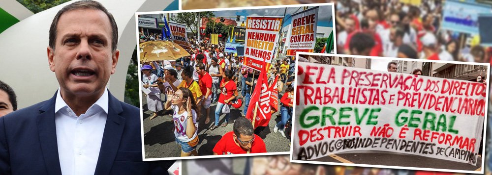 "Quem se opõe à greve não só desrespeita a opinião da classe trabalhadora que vai ser afetada de forma radical pelas propostas, como também rasga a constituição e revela seu caráter autoritário", diz o colunista do 247 Alex Solnik; "É o caso, por exemplo, do prefeito de São Paulo, João Dória que chamou os grevistas de “vagabundos e preguiçosos” e ameaça cortar o ponto de quem aderir ao movimento. Eleito pelos trabalhadores de baixa renda que são a maioria da população de São Paulo é assim que ele retribui. Em sua homenagem vai aqui, em primeira mão, a versão 2017 do famoso samba de Dorival Caymmi: 'Quem não gosta de greve/ democrata não é/ é ruim da cabeça/ ou doente do pé'" 