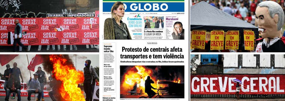 Jornal da família Marinho, que articulou o golpe de 2016 e dá sustentação midiática ao governo de Michel Temer, rejeitado por 92% dos brasileiros, segundo pesquisa Ipsos, construiu sua própria narrativa; segundo o jornal, a greve geral, que teve a adesão de 35 milhões de trabalhadores e foi a maior da história do Brasil, simplesmente não existiu; ao negar a realidade, Globo dobra sua aposta no projeto Temer, que terá dificuldades cada vez maiores para aprovar suas reformas, rejeitadas pela maioria absoluta dos brasileiros