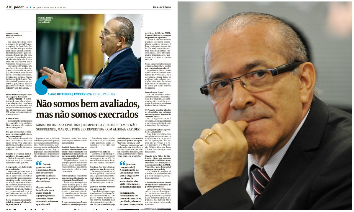 Em longa entrevista à Folha de S. Paulo nesta quinta-feira 11, em que faz o balanço de um ano do governo Temer, o ministro da Casa Civil, Eliseu Padilha, só é questionado pelo jornal sobre as acusações de propina das quais é alvo na penúltima pergunta, mas sem qualquer insistência diante de sua negativa de resposta