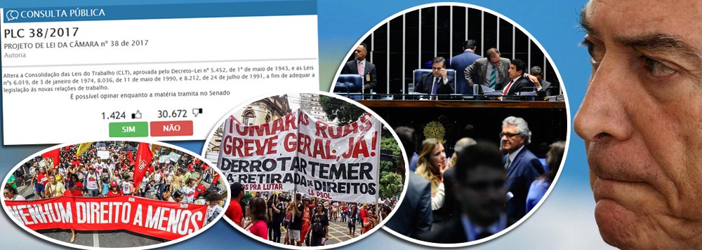 Se os senadores tiverem um mínimo de apreço pelos eleitores que supostamente representam, a reforma trabalhista de Michel Temer subiu no telhado; quatro dias depois de uma greve geral no País contra as reformas do governo, o Senado abriu nesta quarta-feira 3 uma consulta pública sobre a proposta - já aprovada na Câmara - que, na prática, acaba com a CLT e retira poder dos sindicatos - ao determinar que o negociado entre patrão e empregado vale mais que a legislação em prol do trabalhador; às 19h, o resultado era uma chinelada da população contra o desmonte dos direitos trabalhistas: 33.491 (95,7%) contra e 1.504 a favor (4,3%)