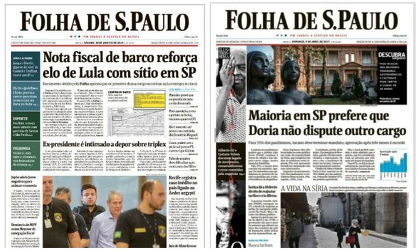 Laura Capriglione, do Jornalistas Livres, compara o tratamento dado pela Folha ao denunciar, em janeiro do ano passado, "a compra de uma barco furreca de alumínio por dona Marisa Letícia Lula da Silva, mulher de Lula", por R$ 4 mil; na ocasião, "o jornal consumiu quatro páginas internas", além de "quase meia página da capa"; neste domingo, 9 de abril, o jornal reproduz uma delação da Odebrecht que aponta 2 milhões de euros a José Serra via caixa 2, depositados em contas na Suíça; "Apesar da riqueza de detalhes e da riqueza do valor que teria sido entregue a Serra, entretanto, a reportagem não mereceu nem uma mísera linha na capa do jornal, ocupando pouco mais de meia página, no fundão da cobertura de política", observa Laura