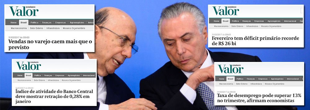 Nem a Globo consegue mais esconder o fiasco econômico do golpe de 2016, que prometia resgatar a confiança, mas produziu a maior recessão já registrada na história do Brasil; manchetes do jornal Valor Econômico, da família Marinho, retratam um cenário de terra arrasada, quase um ano depois da posse de Michel Temer e Henrique Meirelles; as vendas do varejo caem mais do que o previsto, o índice de atividade do Banco Central mostra retração de 0,26% em janeiro, o desemprego é de 13,5 milhões de pessoas no trimestre e o rombo fiscal, decorrente da queda abrupta na atividade, é o maior de todos os tempos; ou seja: todos indicadores demonstram que a elite brasileira deu um tiro no pé ao patrocinar o golpe de 2016