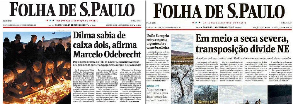Dilma Rousseff ganhou a manchete principal na capa do jornal quando Marcelo Odebrecht disse que ela sabia de doações feitas via caixa para sua campanha, nesta sexta-feira 24; Aécio Neves foi notícia de uma pequena nota no canto inferior da página quando acusado de ter acertado propina de R$ 50 milhões com a Odebrecht e a Andrade Gutierrez após as empresas vencerem o leilão para a construção da hidrelétrica Santo Antônio, em Rondônia
