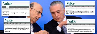 Nem a Globo consegue mais esconder o fiasco econômico do golpe de 2016, que prometia resgatar a confiança, mas produziu a maior recessão já registrada na história do Brasil; manchetes do jornal Valor Econômico, da família Marinho, retratam um cenário de terra arrasada, quase um ano depois da posse de Michel Temer e Henrique Meirelles; as vendas do varejo caem mais do que o previsto, o índice de atividade do Banco Central mostra retração de 0,26% em janeiro, o desemprego é de 13,5 milhões de pessoas no trimestre e o rombo fiscal, decorrente da queda abrupta na atividade, é o maior de todos os tempos; ou seja: todos indicadores demonstram que a elite brasileira deu um tiro no pé ao patrocinar o golpe de 2016