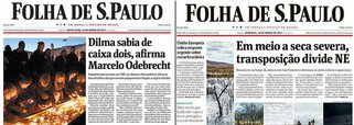 Dilma Rousseff ganhou a manchete principal na capa do jornal quando Marcelo Odebrecht disse que ela sabia de doações feitas via caixa para sua campanha, nesta sexta-feira 24; Aécio Neves foi notícia de uma pequena nota no canto inferior da página quando acusado de ter acertado propina de R$ 50 milhões com a Odebrecht e a Andrade Gutierrez após as empresas vencerem o leilão para a construção da hidrelétrica Santo Antônio, em Rondônia