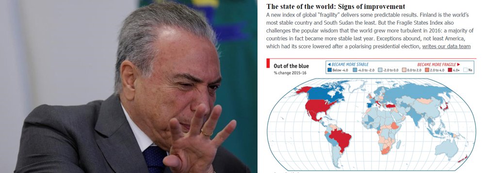 Revista britânica The Economist criou um índice para medir a "fragilidade" econômica dos países pelo mundo; Índice de Estados Frágeis destaca que, apesar da turbulência econômica de 2016, a maioria dos países se tornou mais estável no ano passado; na América Latina, no entanto, há várias exceções, segundo o Economist. "Por exemplo, a estabilidade do Brasil se deteriorou duas vezes mais rápido que a da Venezuela em 2016", diz a revista