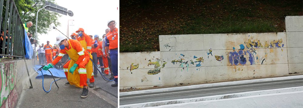 Os grafites que foram cobertos por tinta cinza numa das primeiras ações do prefeito de São Paulo João Doria (PSDB) estão reaparecendo na Avenida 23 de Maio, em São Paulo; a tinta está descascando; a prefeitura afirma que as tintas usadas foram doadas; o grafiteiro Mundano usou água e esponja para recuperar uma obra sua apagada por Doria; "Maquiagem sai com o tempo", afirmou