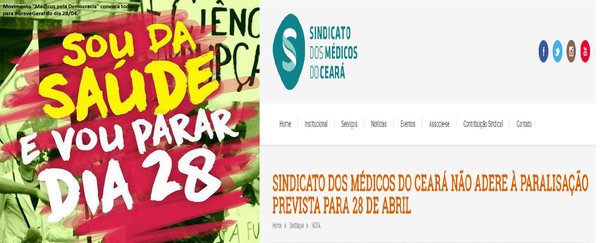 Na contramão dos interesses da classe trabalhadora, a diretoria do Sindicato dos Médicos do Ceará (Sindmed-Ce), divulgou nota oficial informando à categoria que não apoia o movimento nacional pela greve geral, nesta sexta-feira (28). A nota provocou o repúdio público do movimento Médicos pela Democracia, que está convocando toda a categoria a defender seus direitos. " "O coletivo “Médicos pela Democracia” se posiciona contra a retirada de Direitos Trabalhistas e Previdenciários e manifesta repúdio à posição da Diretoria do Sindicato dos Médicos do Estado do Ceará"