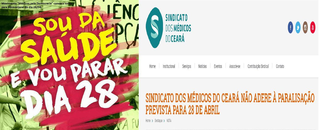 Na contramão dos interesses da classe trabalhadora, a diretoria do Sindicato dos Médicos do Ceará (Sindmed-Ce), divulgou nota oficial informando à categoria que não apoia o movimento nacional pela greve geral, nesta sexta-feira (28). A nota provocou o repúdio público do movimento Médicos pela Democracia, que está convocando toda a categoria a defender seus direitos. " "O coletivo “Médicos pela Democracia” se posiciona contra a retirada de Direitos Trabalhistas e Previdenciários e manifesta repúdio à posição da Diretoria do Sindicato dos Médicos do Estado do Ceará"