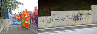 Os grafites que foram cobertos por tinta cinza numa das primeiras ações do prefeito de São Paulo João Doria (PSDB) estão reaparecendo na Avenida 23 de Maio, em São Paulo; a tinta está descascando; a prefeitura afirma que as tintas usadas foram doadas; o grafiteiro Mundano usou água e esponja para recuperar uma obra sua apagada por Doria; "Maquiagem sai com o tempo", afirmou