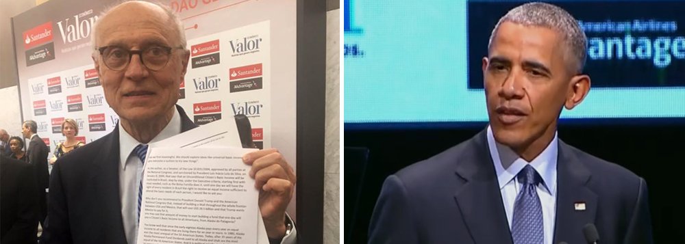 O ex-senador e vereador paulistano Eduardo Suplicy (PT) entregou pessoalmente nesta quinta-feira, 5, uma carta ao ex-presidente americano Barack Obama sobre o projeto de renda mínima da cidadania; "Eu disse em inglês que gostaria muito de entregar essa carta porque gostaria de conhecer a sua opinião sobre a renda básica universal. Ele pegou a carta e disse que iria me responder. Aí na hora que eu acabei de ter esse diálogo em que ele me olhou nos olhos eu percebi que nas minhas costas estavam me puxando", relatou Suplicy 