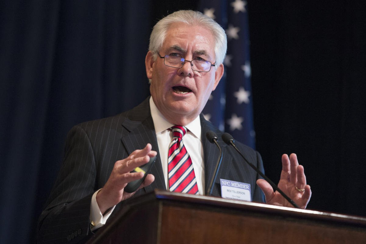 FILE - In this Friday, March 27, 2015 file photo, ExxonMobil CEO Rex Tillerson delivers remarks on the release of a report by the National Petroleum Council on oil drilling in the Arctic, in Washington. 