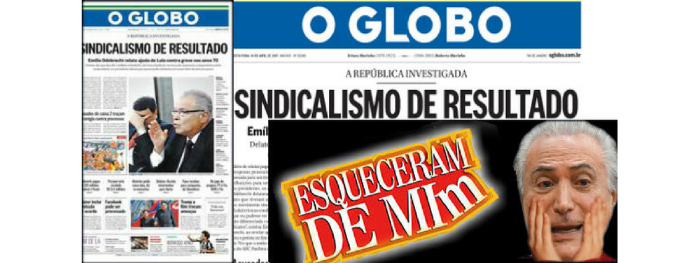 "No dia em que o Presidente da República confessa que esteve na reunião onde um ex-executivo da Odebrecht diz que se sacramentou um negócio de propina de US$ 40 milhões (R$ 126 milhões) , O Globo dá como manchete garrafal que Lula ajudou a Odebrecht (sem qualquer referência a “vantagem indevida”) a negociar com trabalhadores da empresa em greve na Bahia", escreve Fernando Brito, editor do Tijolaço