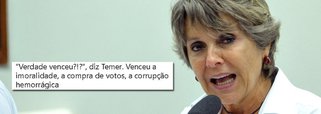 Deputada federal Érika Kokay (PT-DF) contestou a declaração de Michel Temer, que disse aos deputados que "a verdade venceu" após a votação que derrubou a segunda denúncia contra ele; "A verdade venceu? Venceu a imoralidade, a compra de votos, a corrupção hemorrágica", disse a parlamentar