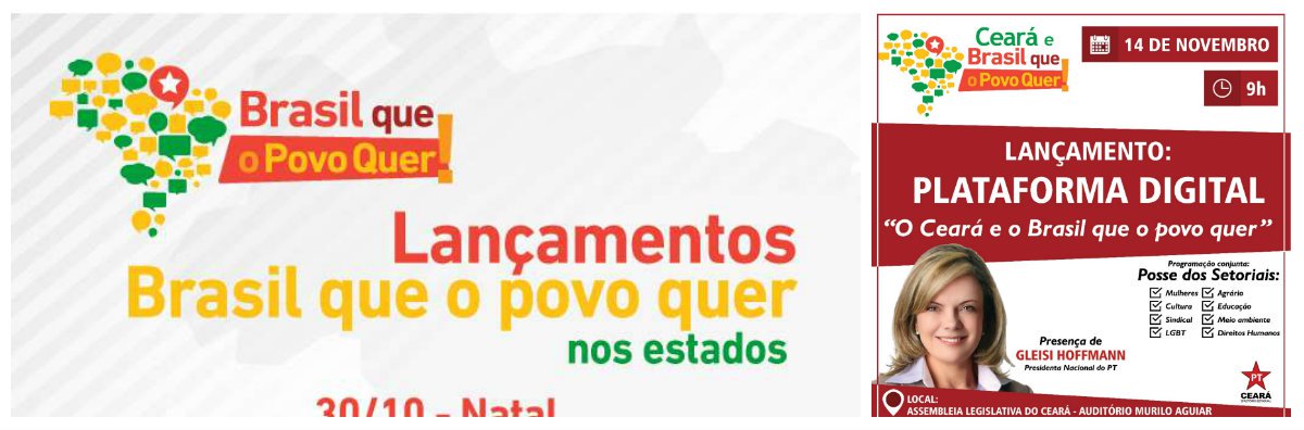 O PT Ceará marcou para o próximo dia 14, em Fortaleza, o lançamento da plataforma "Brasil que o Povo Quer", a ferramenta de elaboração participativa do plano de governo para a campanha de 2018. A presidenta nacional do partido, senadora Gleisi Hoffmann estará presente ao evento. O lançamento será às 9 horas, na Assembleia Legislativa. Na ocasião, o PT também fará a solenidade de posse coletiva dos novos secretários setoriais do partido 
 