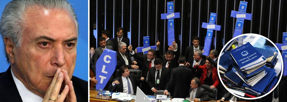 Michel Temer, que chegou ao poder por meio de um golpe parlamentar, consegue aprovar no Congresso sua reforma trabalhista, que privilegia o negociado sobre o legislado; isso significa que direitos antes consagrados na CLT poderão ser sacrificados, se houver acordo entre patrões e empregados; o texto-base foi aprovado na noite desta quarta-feira 26 por 296 votos a 177; a base de Temer ainda tentou uma manobra para que a votação não fosse nominal, e a população não pudesse saber quem apoiou o fim de direitos trabalhistas, mas a oposição conseguiu evitar; deputados contra a reforma levaram cartazes com a imagem da CLT rasgada, além de caixões e cruzes, para denunciar a morte das leis trabalhistas