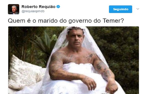 O senador Roberto Requião (PMDB) ironizou a fala de Michel Temer, que em entrevista ao apresentador Ratinho disse que governos precisam ter "marido" para não quebrarem; Requião, nesta segunda-feira, postou uma foto do ator Alexandre Frota vestido de noiva e escreveu no Twitter: "Quem é o marido do governo do Temer?"; no ano passado, o ministro da Educação, Mendonça Filho, chegou a ter audiência com Frota para debater os rumos da educação nacional